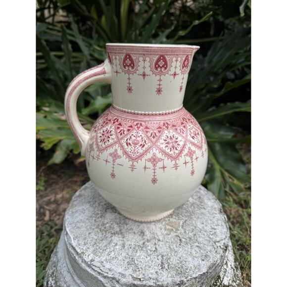 Antique Sarreguemines “Calcutta” Pitcher Red Transferware French Faeince 9” - Picture 14 of 15